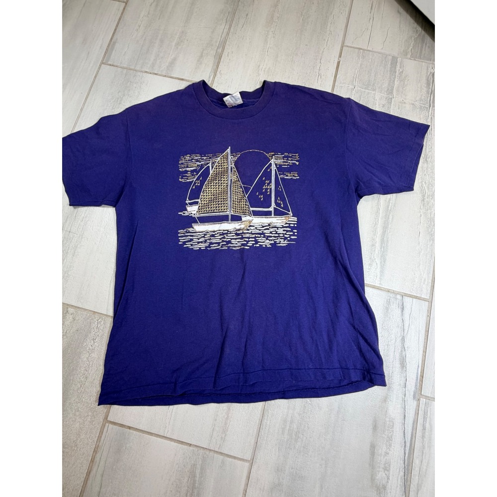 Vintage Hanes Heavyweight Purple Sailboat Graphic T-Shirt XL Single Stitch USA